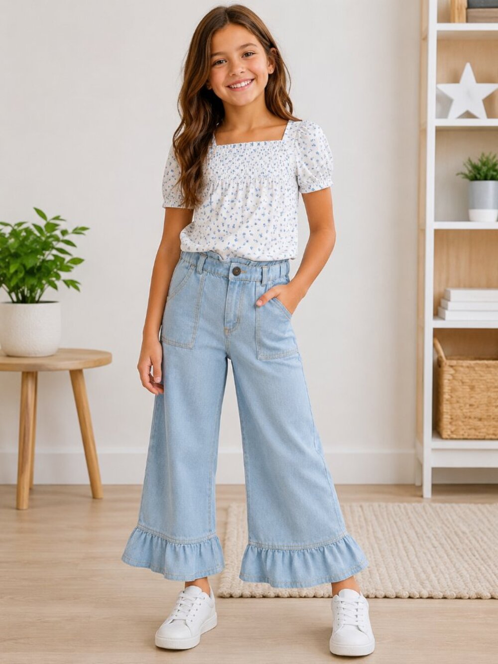 Girls Light Blue Ruffled Hem Denim Pants – Cute Wide‑Leg Style with Front Pocket